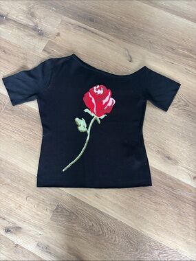 Kitri Black Women's Short-Sleeve Top with Red Rose Motif